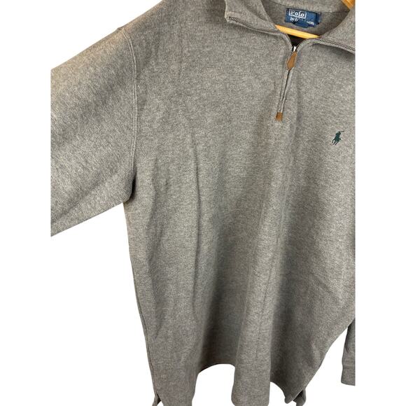 Vintage 90’s Polo Ralph Lauren Gray Quarter Zip Leather Tab Pullover Size XLT - Picture 8 of 9